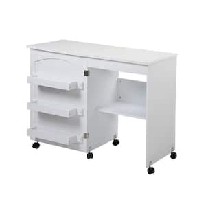 White Folding MDF Sewing Craft Cart Table with Storage Shelves and Lockable Casters