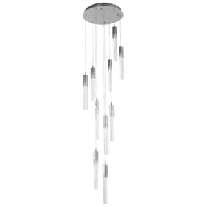 10-Light Integrated LED Silver Adjustable Long Attic Chandelier with Crystal Lamp Strips for Living Room Foyer