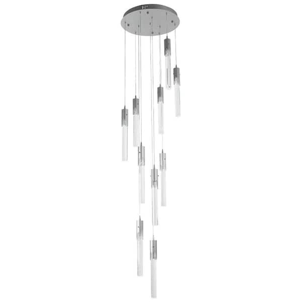 OUKANING 10-Light Integrated LED Silver Adjustable Long Attic Chandelier with Crystal Lamp Strips for Living Room Foyer