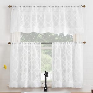 Tina 54 in. W x 24 in. L Geometric Clipped Light Filtering Rod Pocket Kitchen Curtain Valance and Tiers Set in White