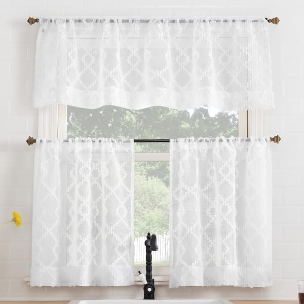 No. 918 Tina Geometric Clipped 54 in. W x 36 in. L Light Filtering Rod Pocket Kitchen Curtain Valance and Tiers Set in White