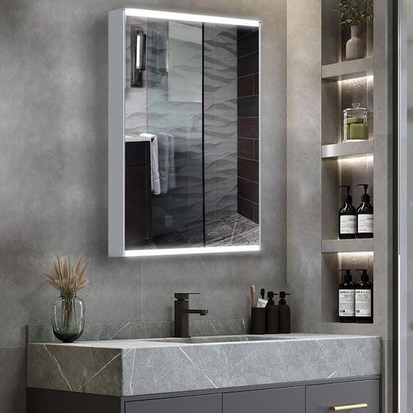 ANGELES HOME 15 in. W x 26 in. H Silver Surface Mount No-Contact Sensor LED Medicine Cabinet with Mirror Left Hinge