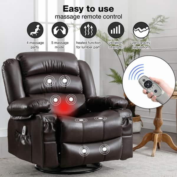 Brown Fabric Recliner Massage Swivel Rocker Recliner with 2-Cup Holdersand USB Charge Port