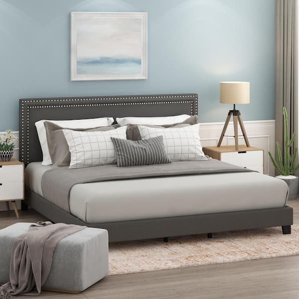 Furinno Laval Stone King Double Row Nail Head Bed Frame