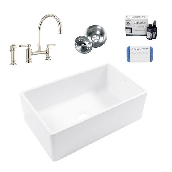 SINKOLOGY Bradstreet II 30 in. Farmhouse Apron Front Undermount Single Bowl White Fireclay Kitchen Sink with Nickel Faucet Kit