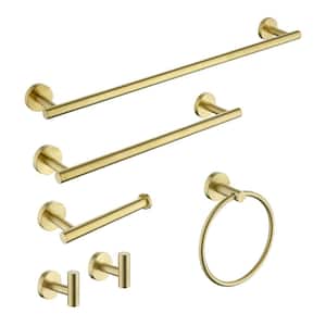 6-Pieces Bath Hardware Set with 2-Towel Bars/Racks Paper towel Rack 1-Towel ring 1-Hook 2 in. Brushed Gold