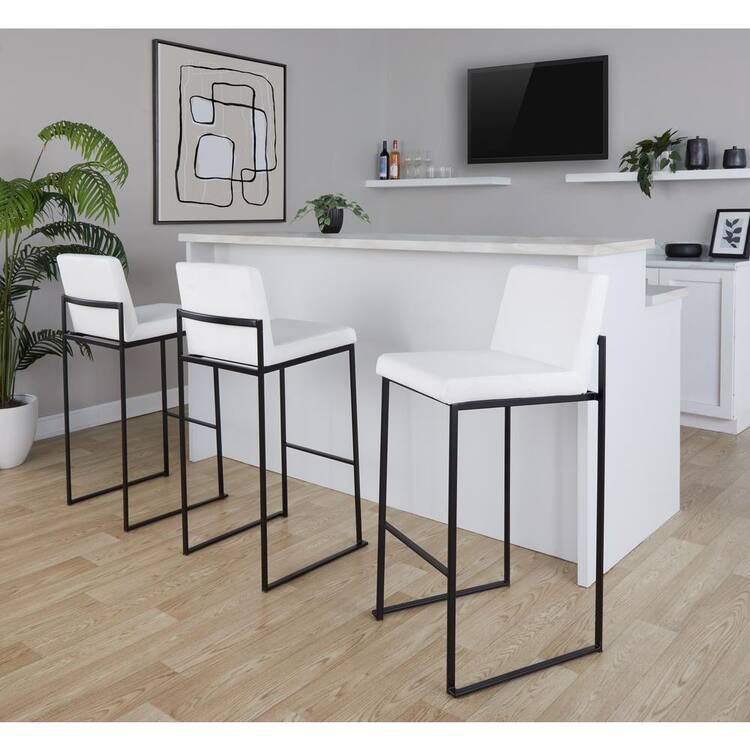 LumiSource Fuji High Back 31 in. White Velvet and Black Metal Bar Stool (Set of 3)
