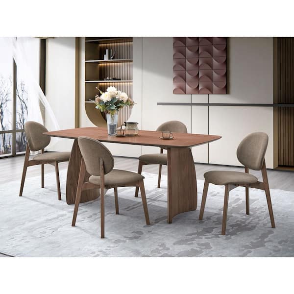 Ailwyn 5-Piece Light Brown and Walnut Wooden Top Dining Set with Linen Upholstered Side Chairs, Curved Back, Seats 4