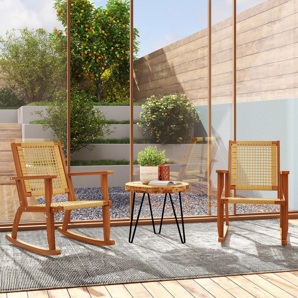 Outsunny Acacia Wood Wicker Outdoor Rocking Chair Set of 2, with
