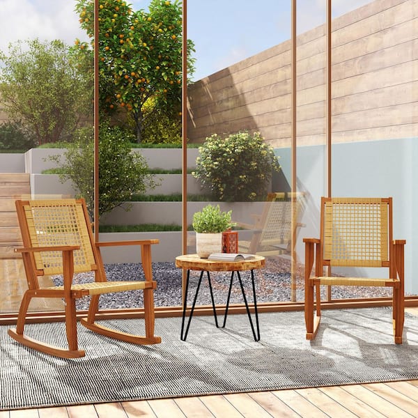 Acacia Wood Wicker Outdoor Rocking Chair Set of 2, with Armrests, Back and Seat, Patio Wooden Rocking Chair Set, Khaki