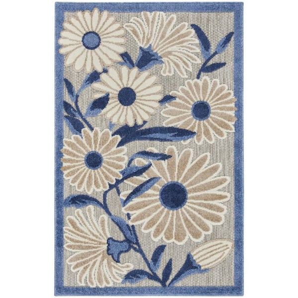 3' X 4' Blue And Gray Floral Indoor Outdoor Area Rug 3' X 4' Blue And Gray Floral Indoor Outdoor Area Rug