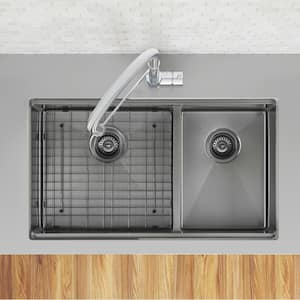 Stainless Steel 32 in. Double Bowl Undermount Kitchen Sink with Grid and Roll-Up Mat in PVD Gunmetal