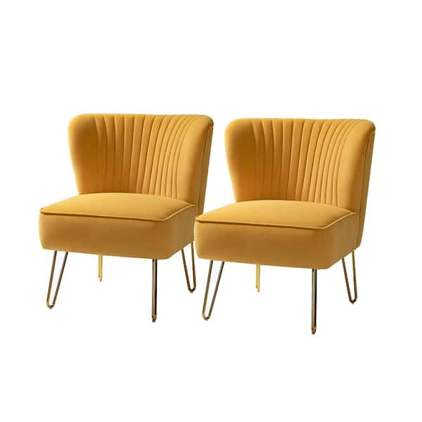 JAYDEN CREATION Alonzo Mustard Upholstery Tufted Side Wingback Chair with Metal Base (Set of 2)