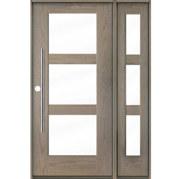 Krosswood Doors Faux Pivot 50 in. x 80 in. 3-Lite Right-Hand/Inswing Clear Glass Oiled Leather Stain Fiberglass Prehung Front Door/RSL