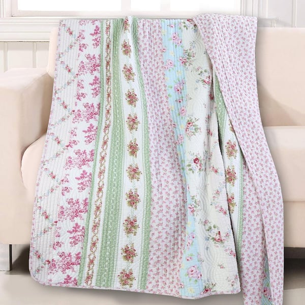 Cozy Line Home Fashions Pink Blue Multi-Color Floral Bloom Garden Vines Stripe Cotton Throw Blanket