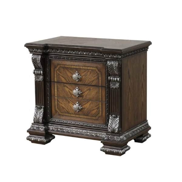 Naddy Espresso Brown and Silver 3 Drawer 30 in. W Nightstand
