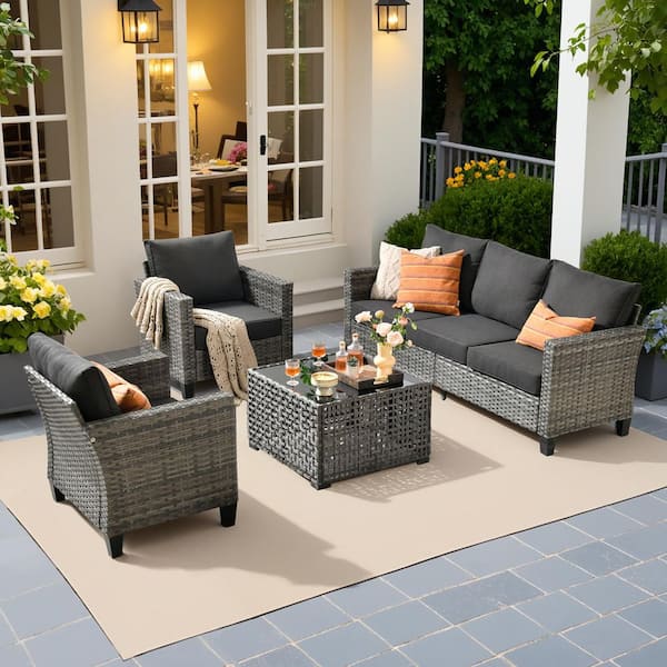 HOOOWOOO Scarlet 4-Piece Wicker Outdoor Furniture Patio Conversation Sofa Set with a Solar Lighted Table and Black Cushions