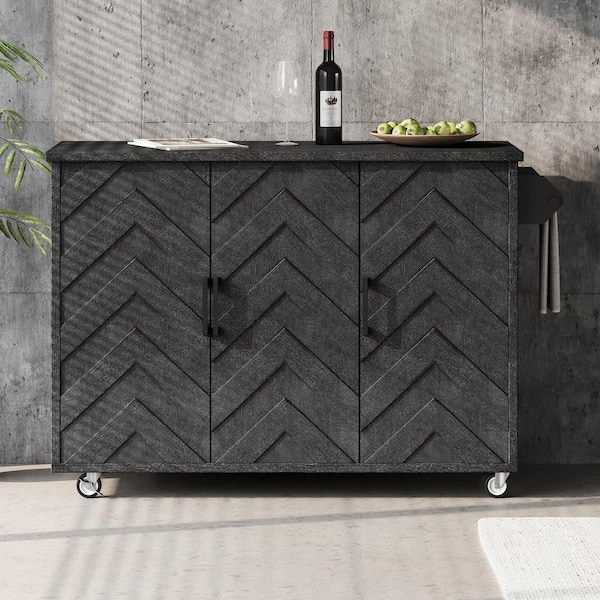 Oasis Black Wood 51.2 in. Kitchen Island with Drop Leaf, Coastal Kitchen Island on Wheels with Internal Storage Rack
