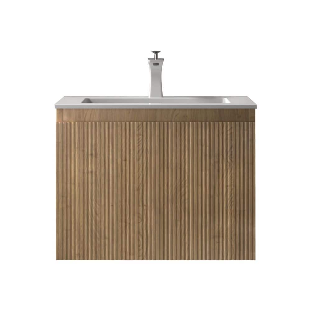 Liner 24 in. Single Yellow Oak Bath Vanity Wall-mounted Floating Vanities with Gloss White Resin Stone Top 2-Drawers price history on PriceWatchPro