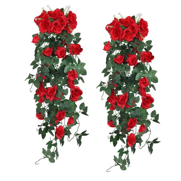 Unbranded 3.3 Ft. Red Artificial Rose Hanging Flowers with 3 0 LED Fairy String Lights (Set of 2)