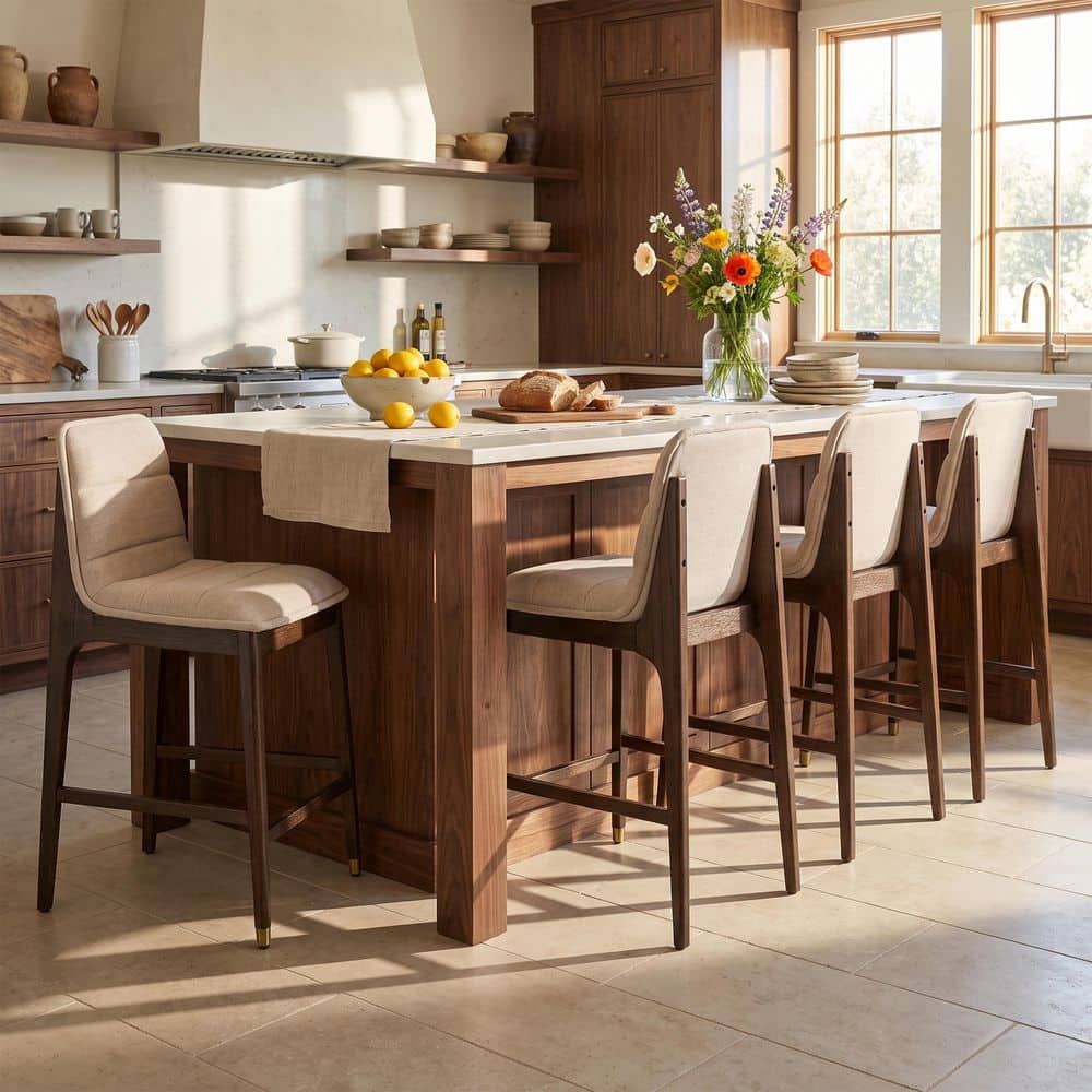 Modern 27.15 in. H Walnut Finish Wood Frame Beige Fabric Upholstered Counter Height Bar Stools with Footrest, Set of 4