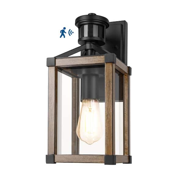 DEWENWILS Manor 13.1 in. Brown Motion Sensing Dusk to Dawn Industrial Hardwired Outdoor Wall Light Lantern Scone with Clear Glass