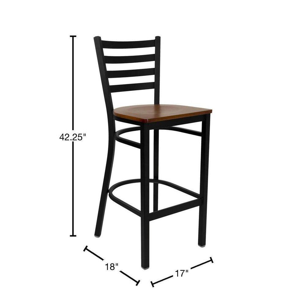 Elegant Ladder Back Black Metal Barstool with Cherry Wood Seat