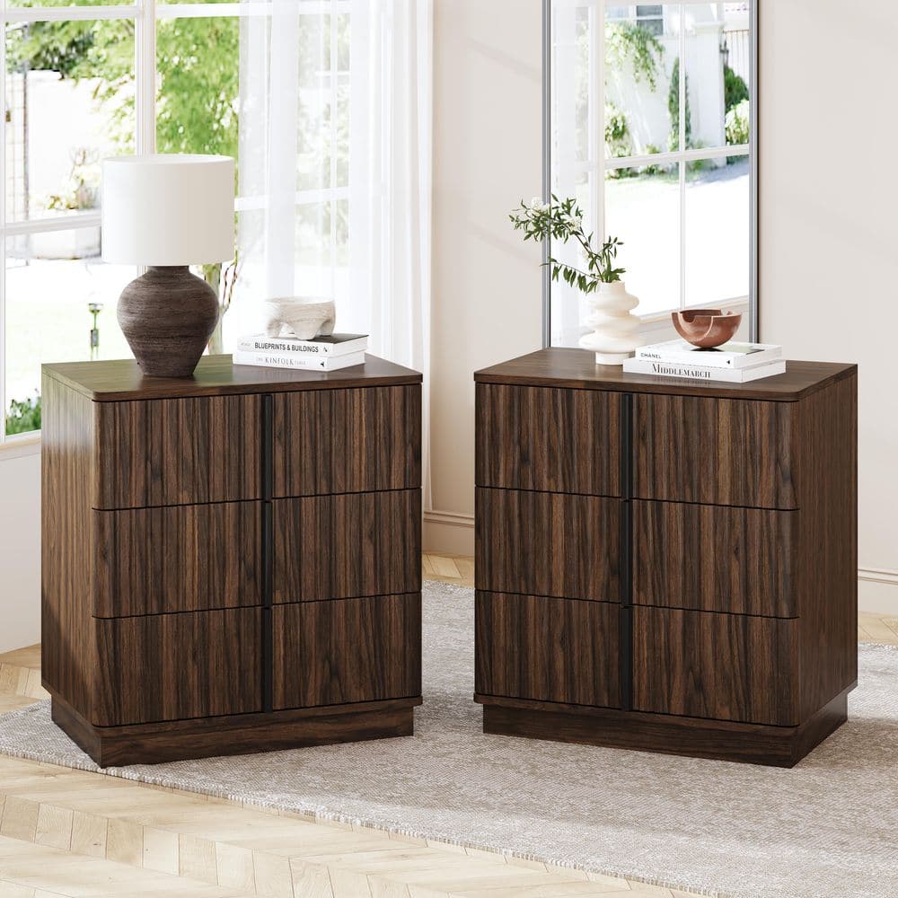 Vyrex Modern Walnut Finish Wood 3 Drawer Vertical Stripe Nightstand Bedside Table, Set of 2 price history on PriceWatchPro