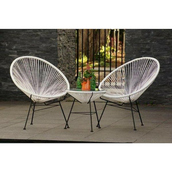 White, 2pc Indoor Outdoor Acapulco Woven Lounge Chair All-Weather Patio Pear Shaped Weave Chair 