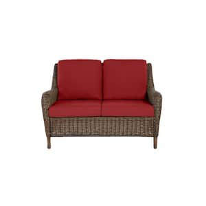 Cambridge Brown Wicker Outdoor Patio Loveseat with CushionGuard Chili Red Cushions