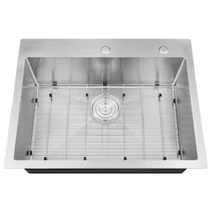 Handmade Stainless steel 28 in. Single Bowl Top Mount Scratch-Resistant Nano Drop-in Kitchen Sink With Bottom Grid