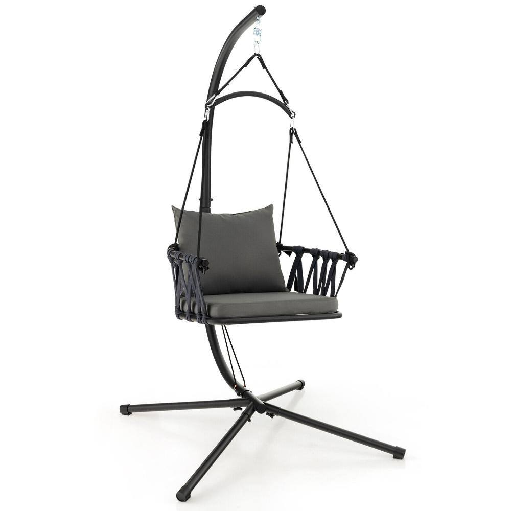 77.5 in. Metal Hanging Swing Chair with Stand, Cushions and Foldable Woven Seat, Gray