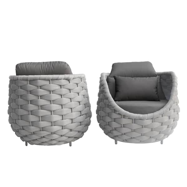 2-Piece Bird's Nest Shape Gray Aluminum Outdoor Woven Rope Sectional Set Patio Sofa Set with Gray Cushions