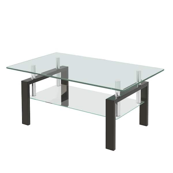 Zeus & Ruta 40 in. Clear Tempered Glass Coffee Table, 2-Layers Coffee Table with Black Legs for Living Room