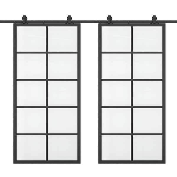 CALHOME 48 in. x 84 in. 10-Lite Clear Glass Black Aluminum Frame Interior Double Sliding Barn Door with Hardware Kit