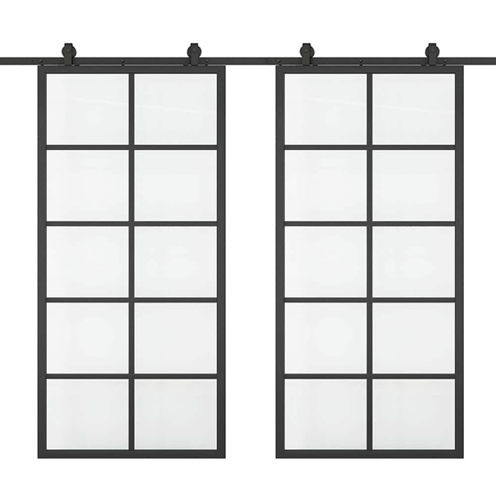 60 in. x 84 in. 10-Lite Clear Glass Black Aluminum Frame Interior Double Sliding Barn Door with Hardware Kit -  CALHOME, LKM10-30-CL(2)+CN-MK