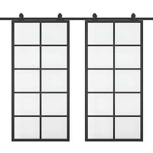 60 in. x 84 in. 10-Lite Clear Glass Black Aluminum Frame Interior Double Sliding Barn Door with Hardware Kit