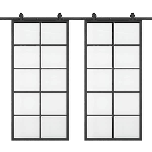 CALHOME 84 in. x 84 in. 10-Lite Clear Glass Black Aluminum Frame Interior Double Sliding Barn Door with Hardware Kit