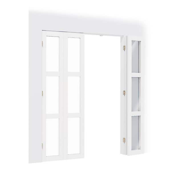 60 in. x 80 in. 3-Lite, Clear Glass, Solid Core, MDF, PVC Covering Compack 180 Bi-Fold Door with Hardware Kits
