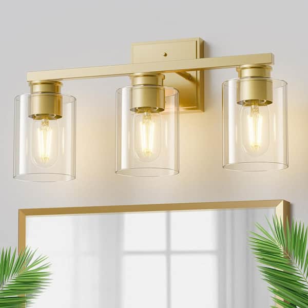 YANSUN 18 in. 3-Light Gold Vanity Light with Clear Glass for Elegant Bathroom Lighting
