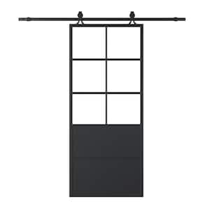 36 in. x 84 in. 6 Lite Clear Glass Black Baking Varnish Finished Aluminum Alloy Sliding Barn Door with Hardware Kit