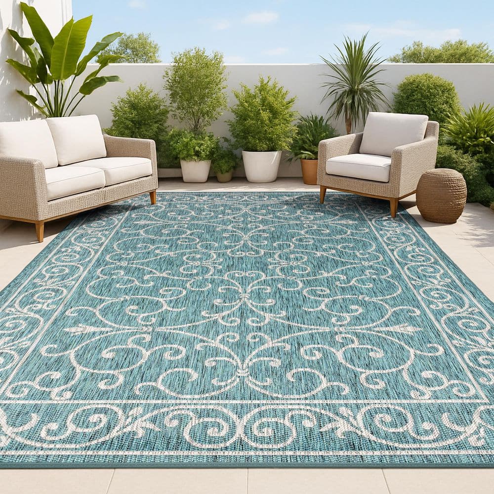 Charleston Vintage Filigree Textured Weave Indoor/Outdoor Teal/Gray 3 ft. x 5 ft. Area Rug price history on PriceWatchPro