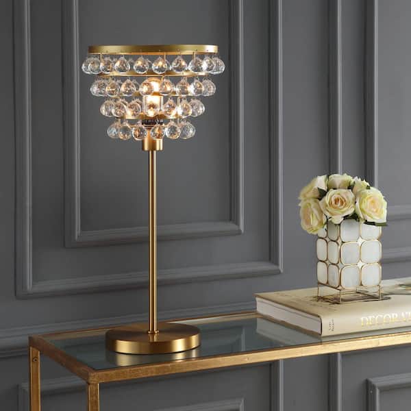 Brass table lamp with lampshade and crystal details