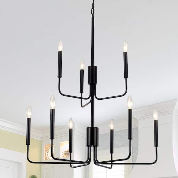 9-Light Black Traditional Hanging 2-Tier Linear Candlestick Chandelier Lighting for Kitchen Island