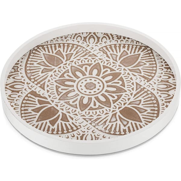 Cubilan 11.81"W White Washed Round Wood Decorative Tray