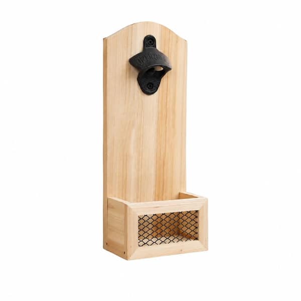 Wall Mounted Bottle Opener with Cap Catcher Natural Wood and Metal Construction 11.8 x 4.7 Inch Catcher