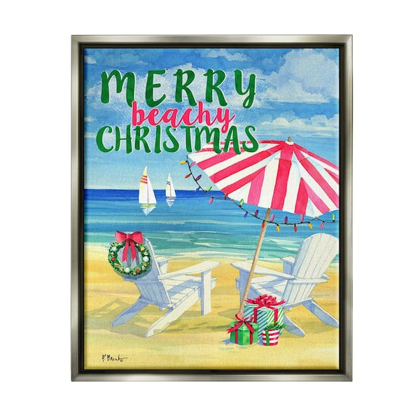 Stupell Industries Merry Beachy Christmas by Paul Brent 1-Piece Floater Frame Graphic Print Typography Poster Art Print 21 in. x 17 in.