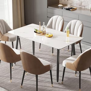 62.99 in. Rectangle White Sintered Stone Tabletop Dining Table Kitchen Dining Slate Table with Steel Base (Seats-6)