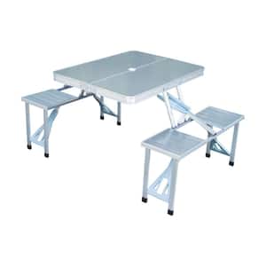 Silver 4-Person Aluminum Portable Folding Suitcase Picnic Table Set with Umbrella Hole and Compact Design