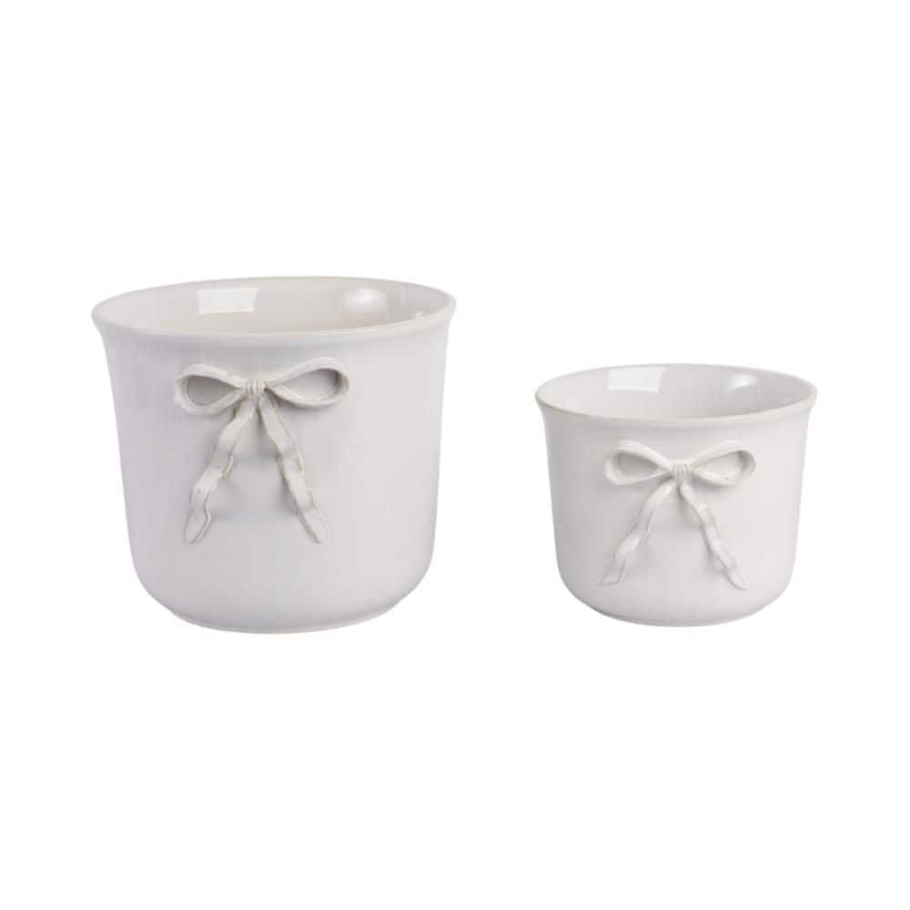 9 in. and 11 in. White Stoneware Round Pretty Bow Decorative Pots (Set of 2) price history on PriceWatchPro